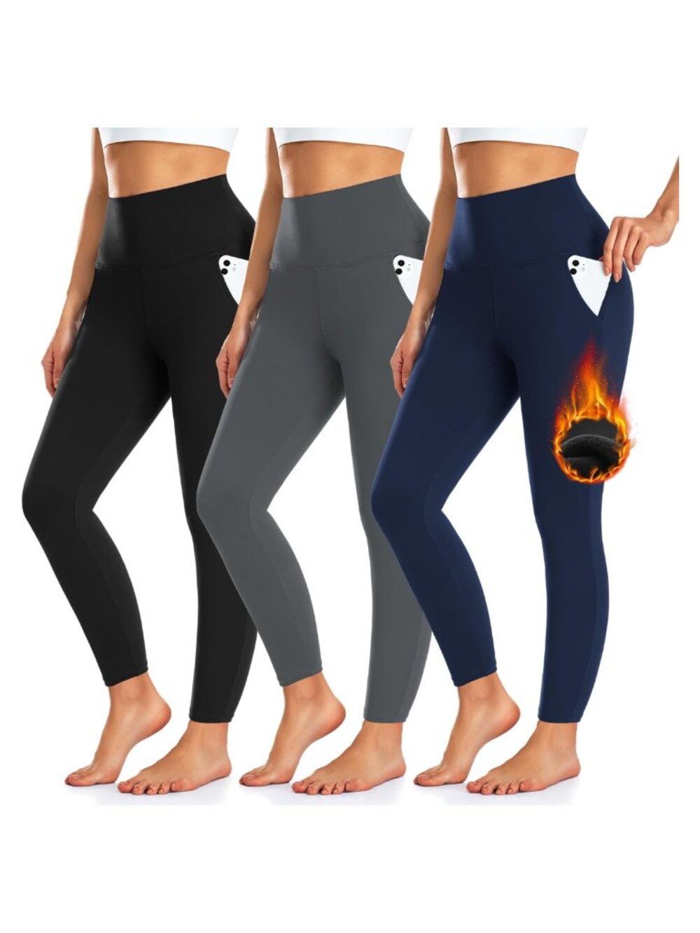 Fleece Lined Leggings with Pockets High Waist 3 Pack Winter Women's Activewear
